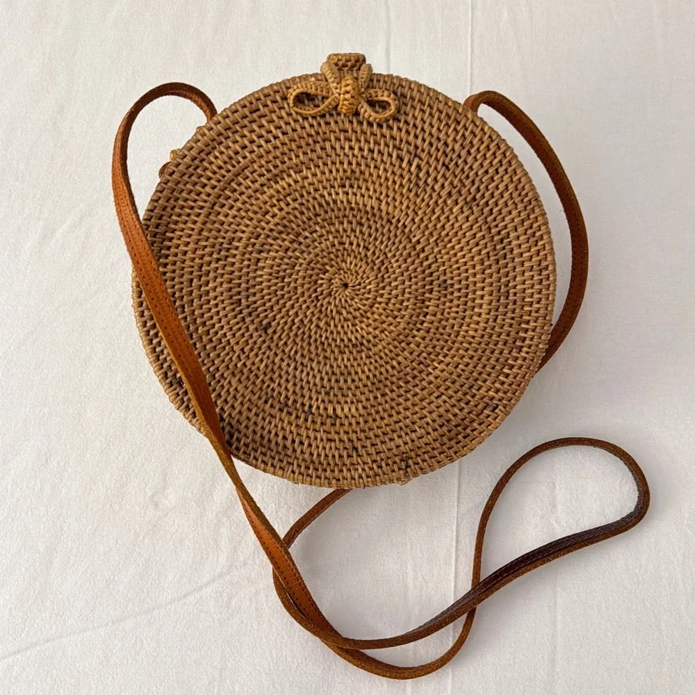 Unbranded Round Woven Rattan Crossbody Bag Brown Boho Wicker Purse 8 Inch
